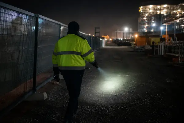 Security officer on a GPS-tracked overnight patrol along a construction perimeter