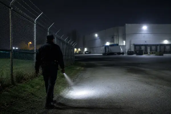 Security officer on night foot patrol checking a warehouse perimeter with a flashlight