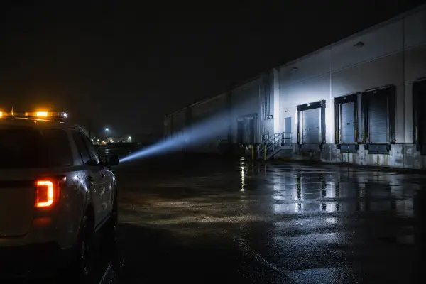 Patrol vehicle spotlight sweeping a warehouse loading dock at night
