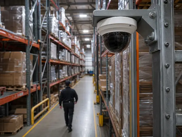 Fixed CCTV camera and a patrolling guard inside a warehouse