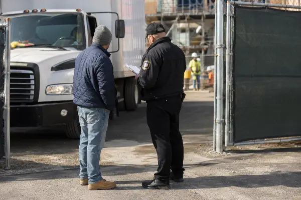 Security officer verifying a delivery at a Houston construction site gate