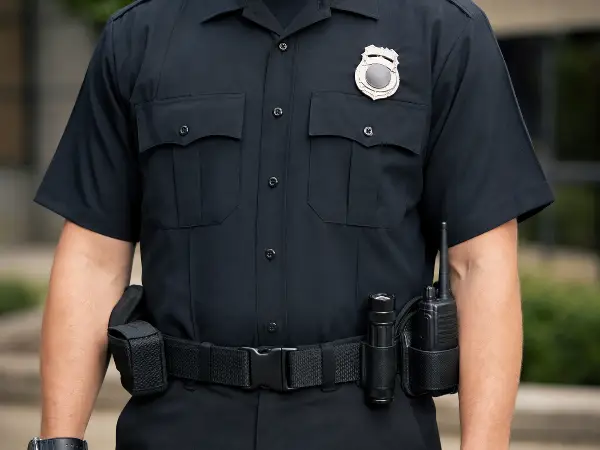 Close-up of a licensed security officer's uniform and duty gear