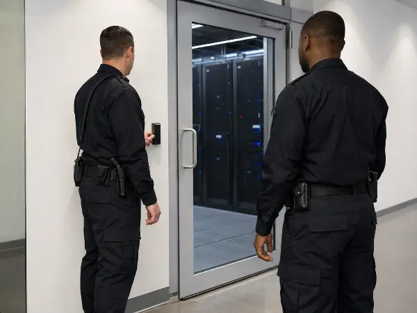 Uniformed security officers at a data center access-controlled interior door