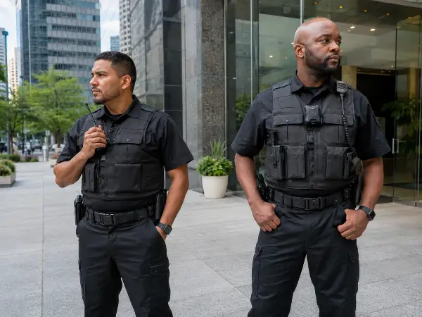 Two security officers stationed at a Houston commercial building entrance