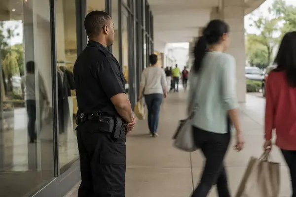 Security officer on watch at a Houston shopping center entrance