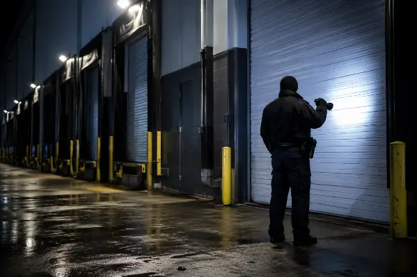 Security officer checking a secured warehouse door during a night patrol