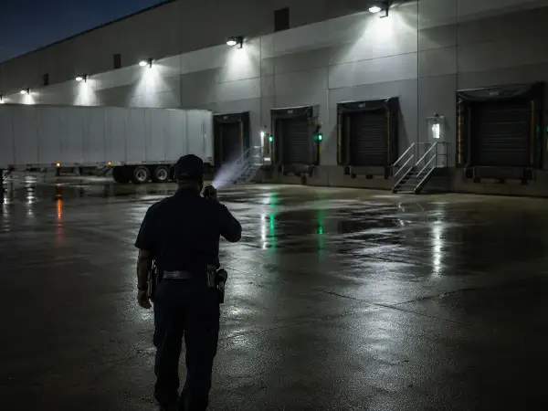 Security guard checking warehouse loading dock access at night in Houston