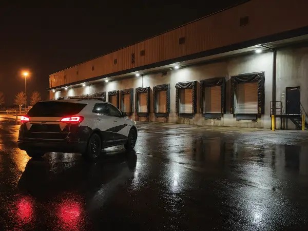 Patrol vehicle covering a warehouse loading dock at night