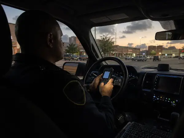 Security guard logging a GPS guard tour from a patrol vehicle