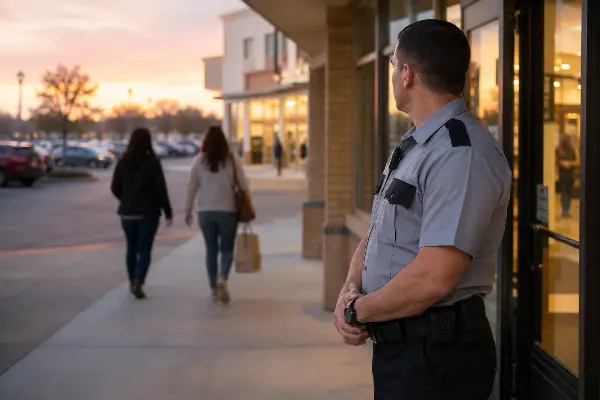 Security officer providing visible presence at a Houston retail shopping center entrance
