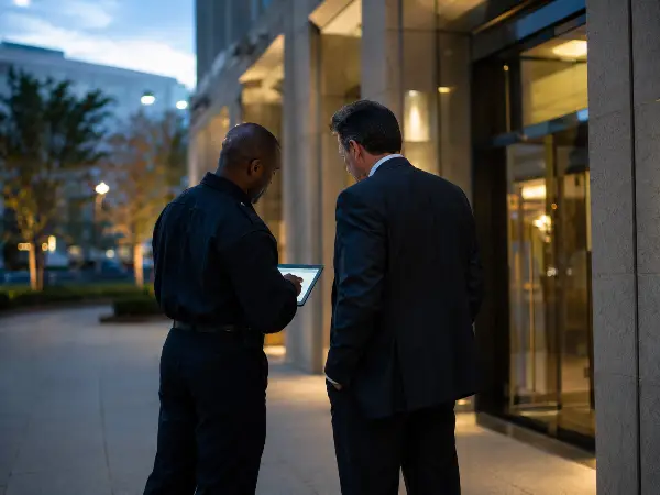 Same-day security deployment briefing at a Houston commercial property