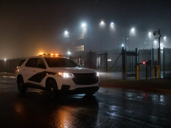 Security patrol vehicle at a data center perimeter at night