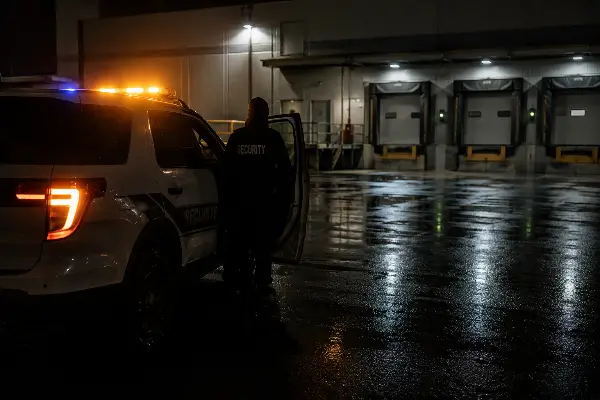 Marked security patrol vehicle at a Houston warehouse loading dock at night
