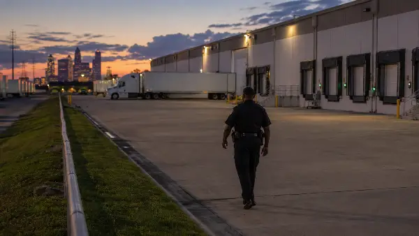 Security officer on perimeter patrol at a Houston warehouse loading dock at dusk