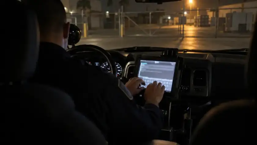 Security officer writing an incident report on a tablet inside a patrol vehicle at night