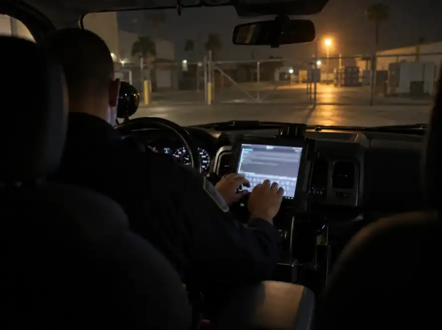 Security officer writing an incident report on a tablet inside a patrol vehicle at night