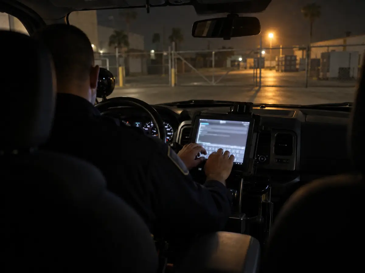 Security officer writing an incident report on a tablet inside a patrol vehicle at night