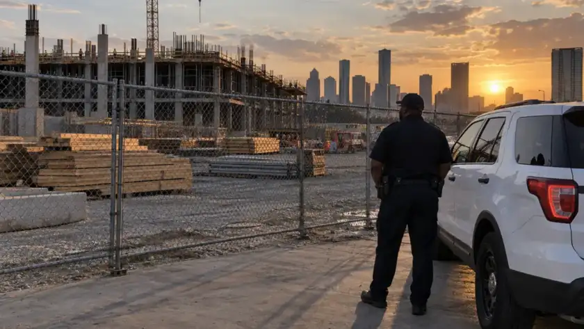 Armed security guard on patrol at a Houston construction site perimeter