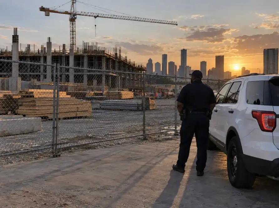 Armed security guard on patrol at a Houston construction site perimeter