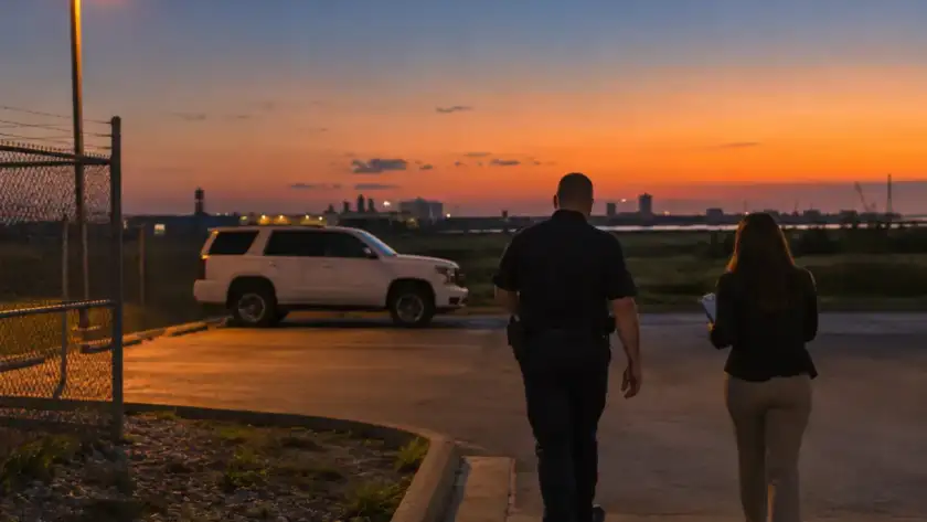 Property manager and security officer walking a Houston commercial site at dusk