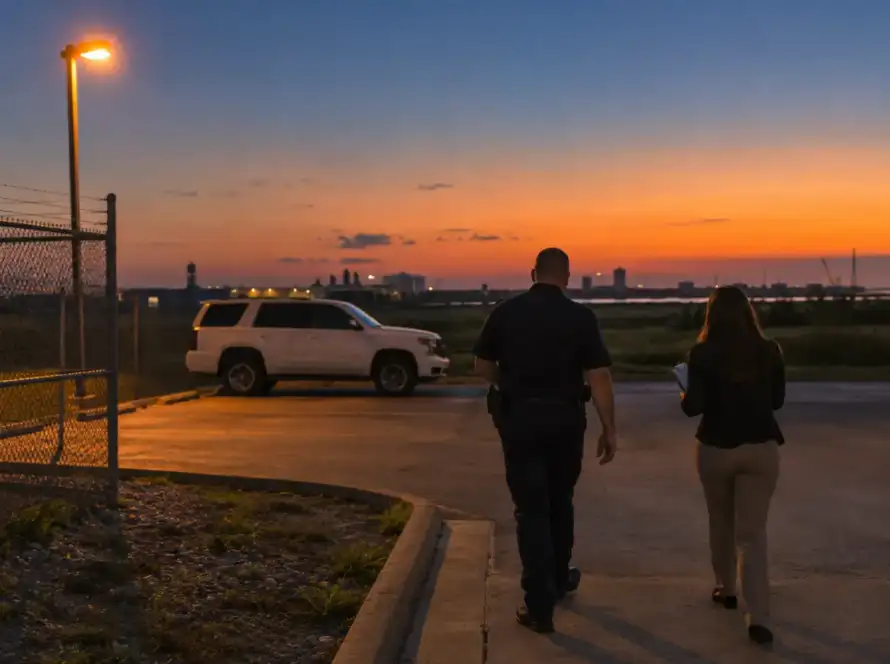 Property manager and security officer walking a Houston commercial site at dusk