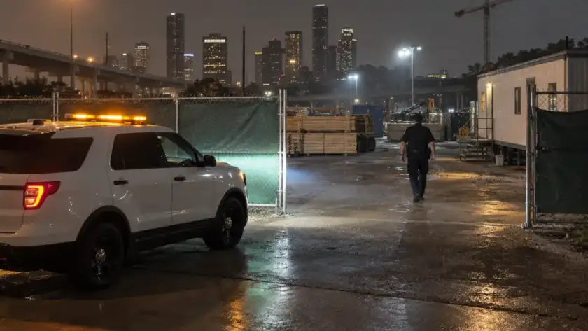 Security officer on night patrol at a fenced Houston construction site
