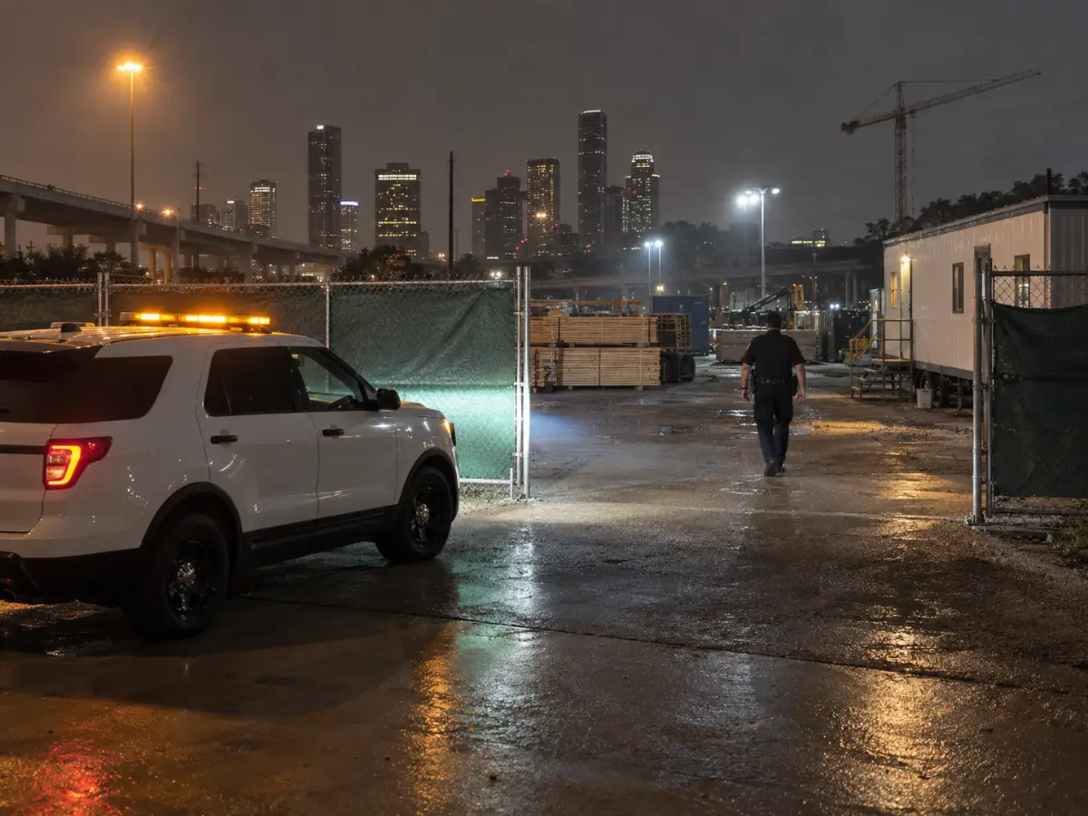 Security officer on night patrol at a fenced Houston construction site