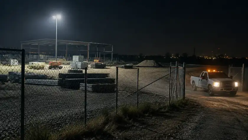 Fenced construction site at night with floodlit perimeter and a patrol vehicle at the gate