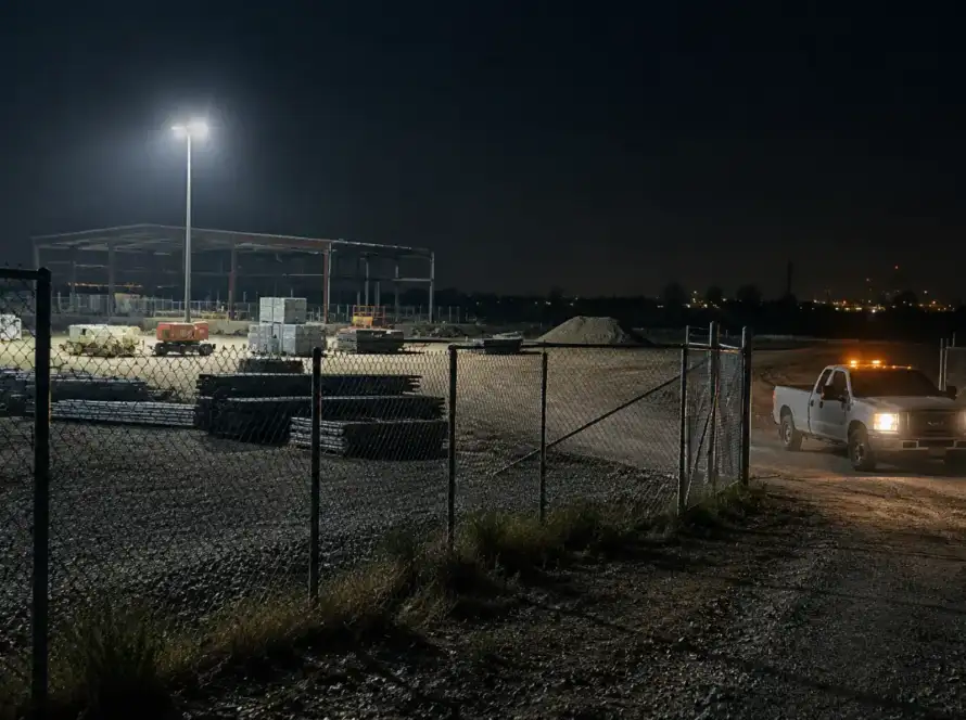 Fenced construction site at night with floodlit perimeter and a patrol vehicle at the gate