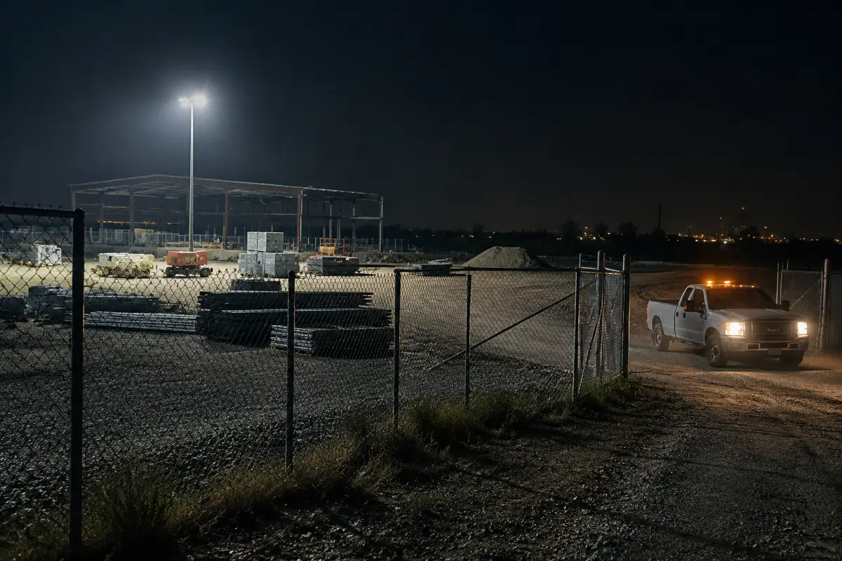 Fenced construction site at night with floodlit perimeter and a patrol vehicle at the gate