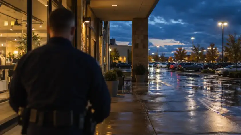 Security officer watching the entrance of a Houston shopping center at dusk
