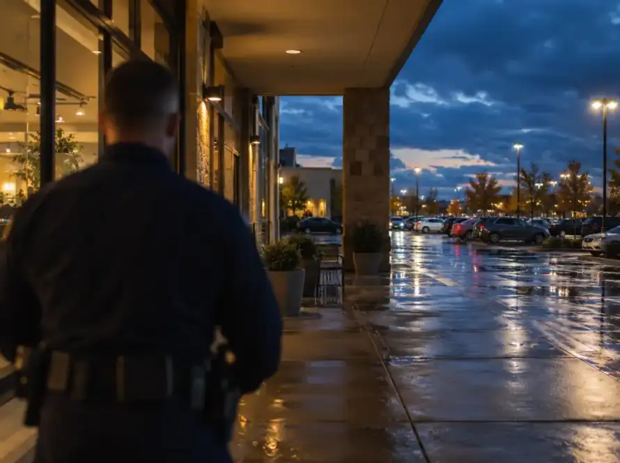 Security officer watching the entrance of a Houston shopping center at dusk