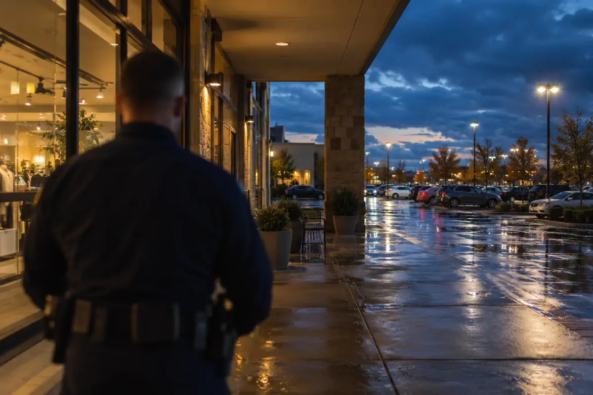 Security officer watching the entrance of a Houston shopping center at dusk