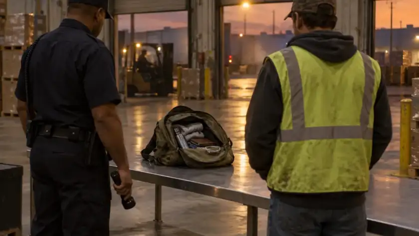 Security guard performing a bag check at a Houston warehouse loading dock