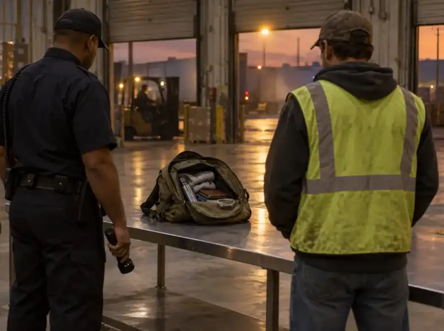 Security guard performing a bag check at a Houston warehouse loading dock