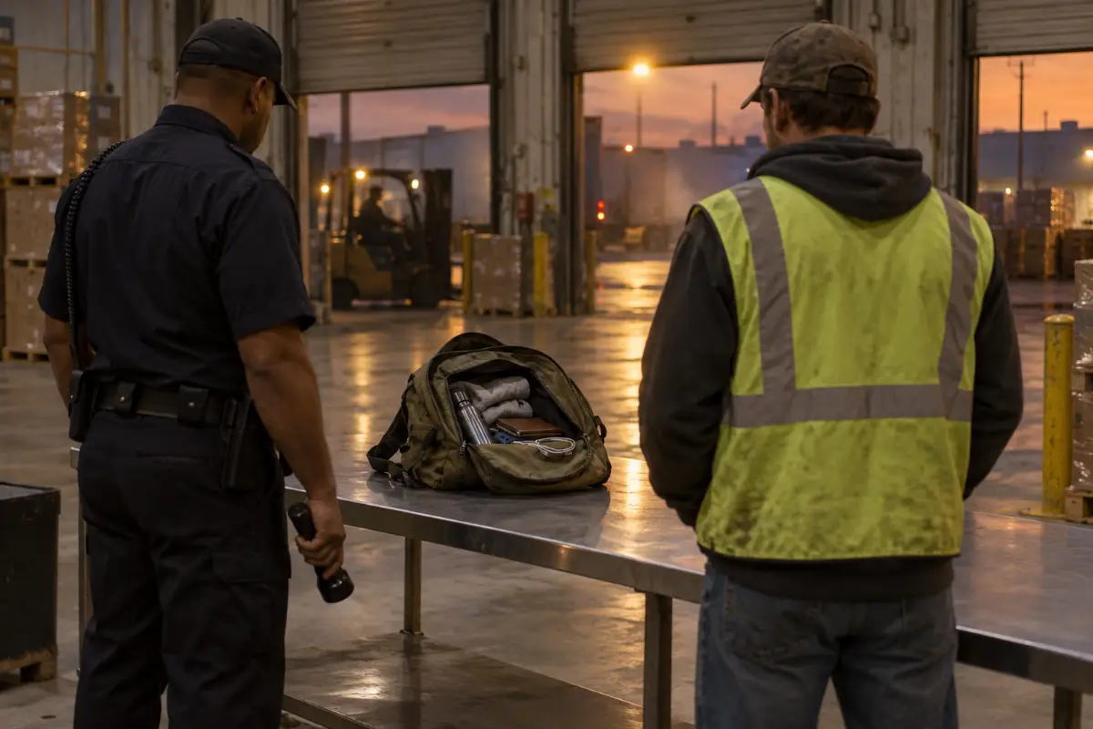 Security guard performing a bag check at a Houston warehouse loading dock