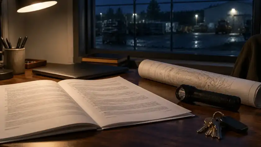 Security services agreement and site plan on a Houston property manager's desk at night