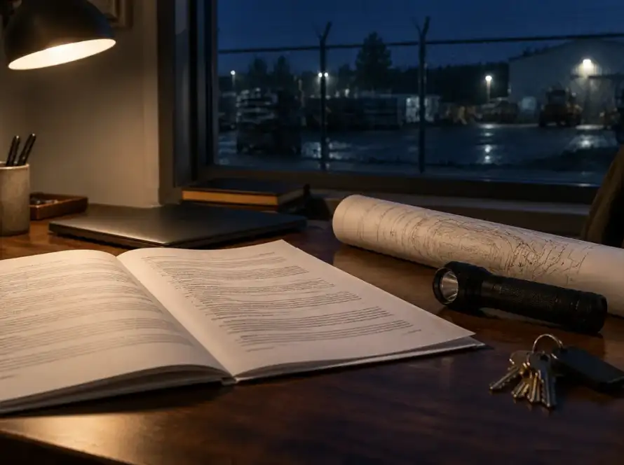 Security services agreement and site plan on a Houston property manager's desk at night