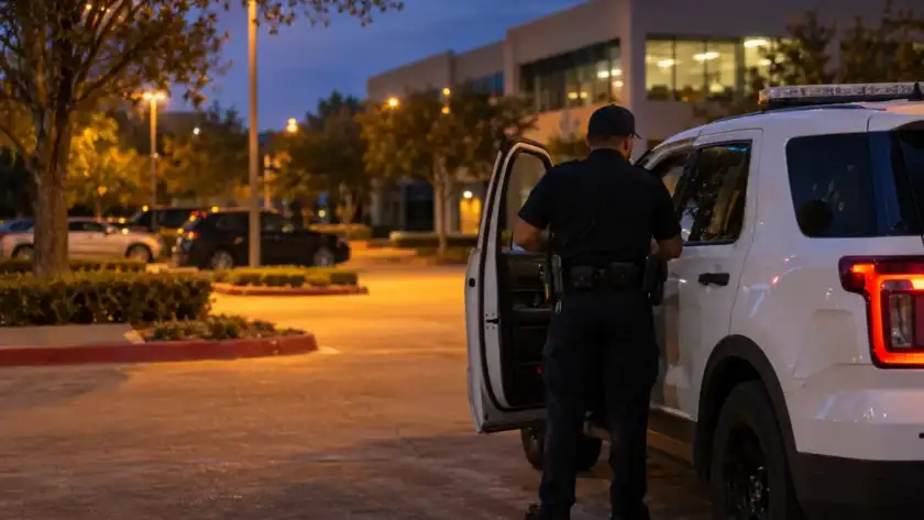 Security officer beside a marked patrol vehicle at a Houston commercial property at dusk