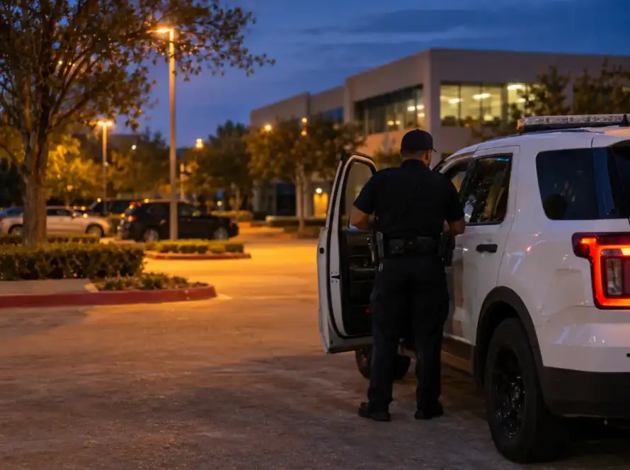 Security officer beside a marked patrol vehicle at a Houston commercial property at dusk