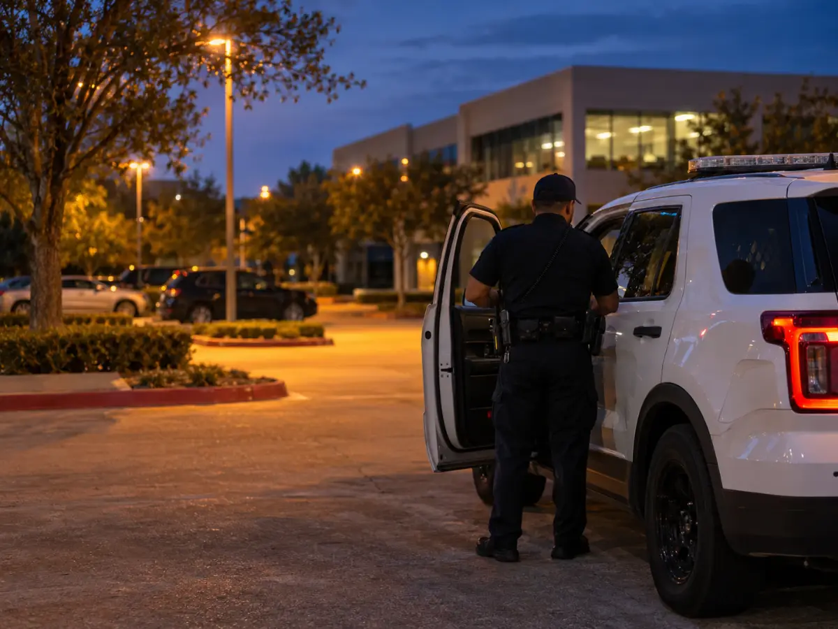 Security officer beside a marked patrol vehicle at a Houston commercial property at dusk