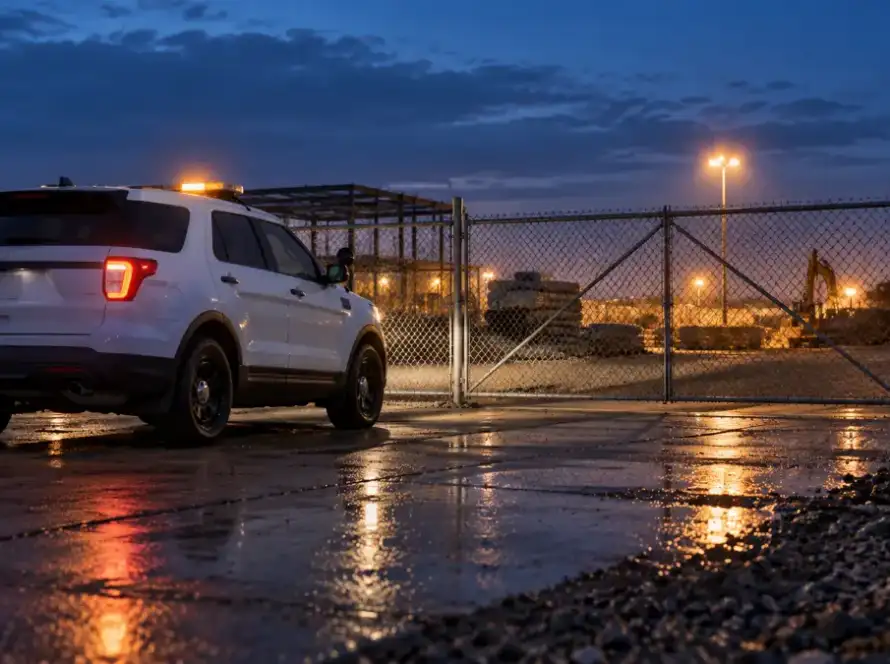 Security patrol vehicle at a Houston construction site gate at dusk