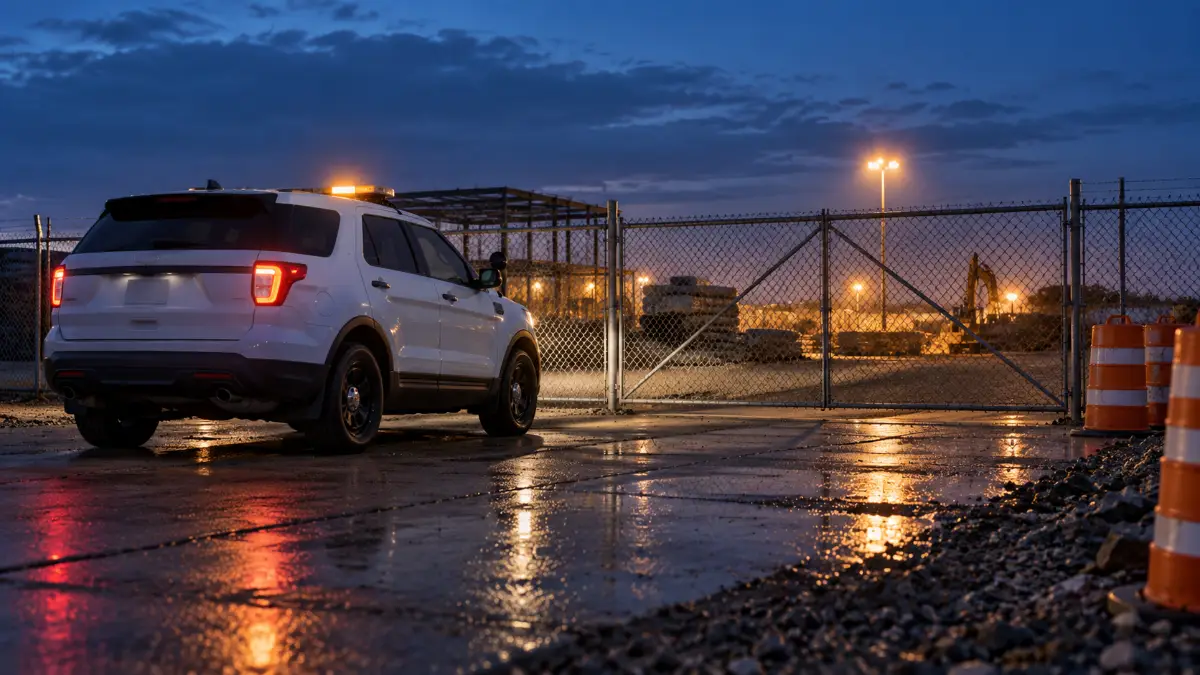 Security patrol vehicle at a Houston construction site gate at dusk