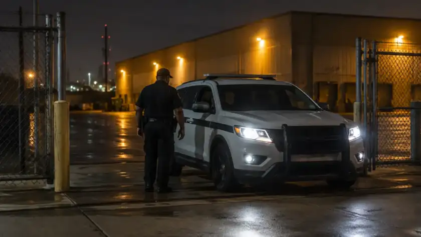 Security supervisor arriving for an overnight post visit at a Houston commercial gate