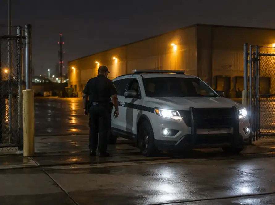Security supervisor arriving for an overnight post visit at a Houston commercial gate