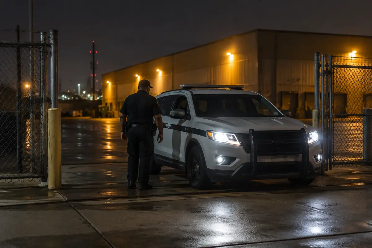 Security supervisor arriving for an overnight post visit at a Houston commercial gate