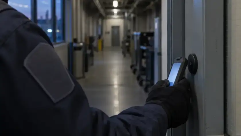 Security officer scanning a patrol checkpoint tag at a Houston commercial property