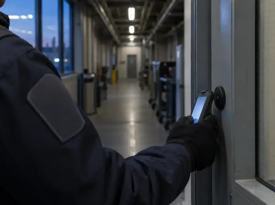 Security officer scanning a patrol checkpoint tag at a Houston commercial property