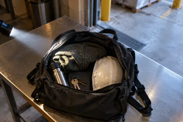 Open backpack on a lit inspection table during a security bag check