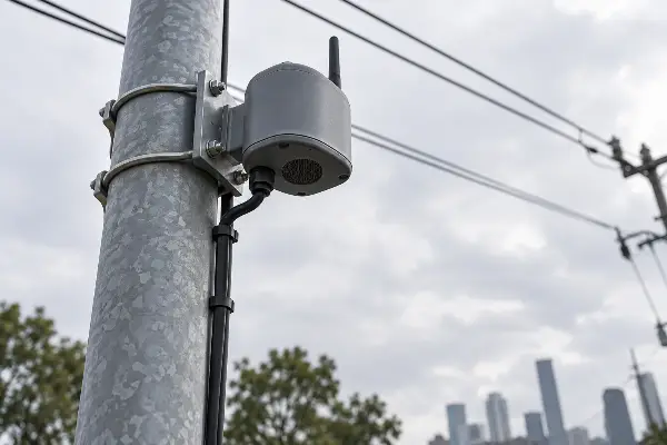 Gunshot detection sensor mounted on a utility pole above a city street